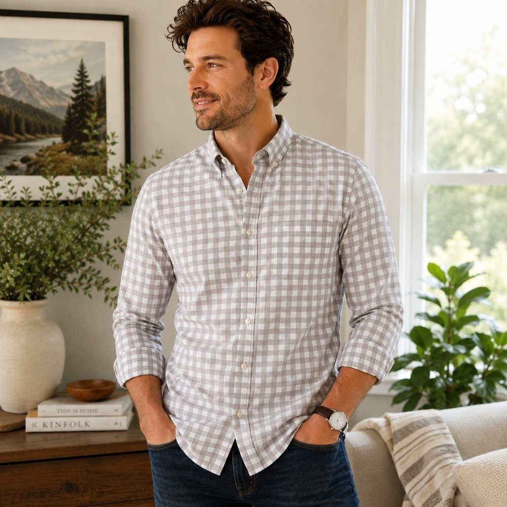 NWT Goodfellow & Co Gray White Gingham Button Down Shirt XL Slim Fit